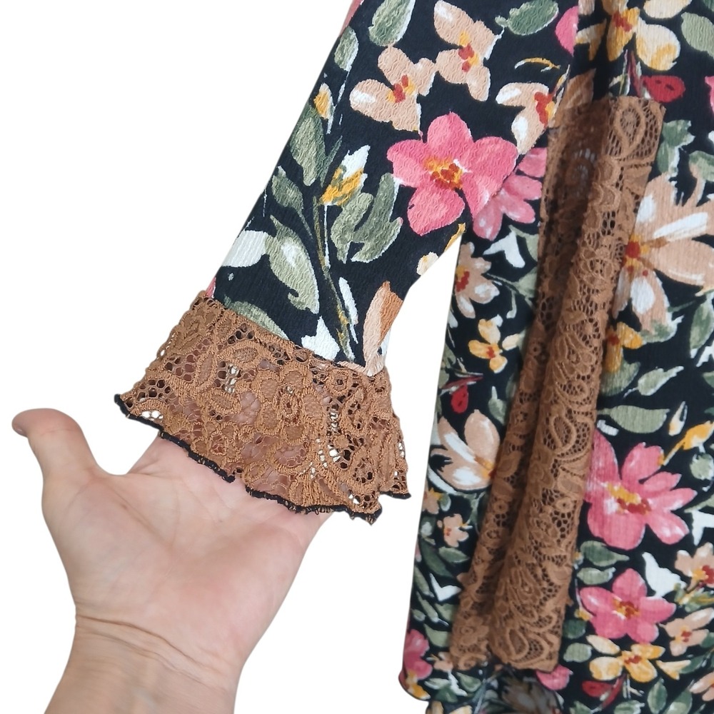 Zadie B's Floral Tunic Top High Low Button Front Brown Lace Modest Boho Shirt S - Picture 5 of 10